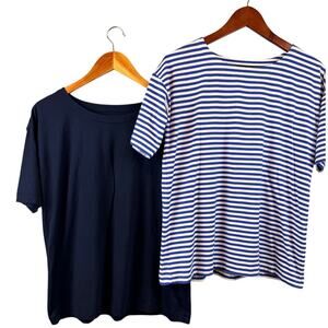 J.Jill Luxe Supima Cotton Elbow Sleeve Tee Set of 2 Striped Blue Solid Blue Sm.